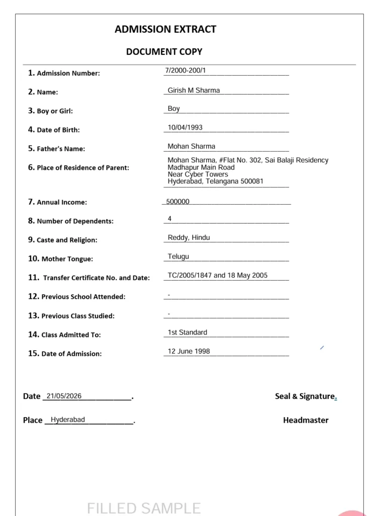 School Admission Extract Form PDF | DOCX 1 1st standard school admission extract filled sample from school records
