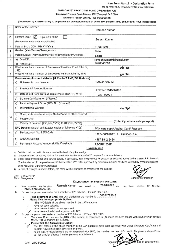 Form 11 has been filled with sample details and dates for reference.