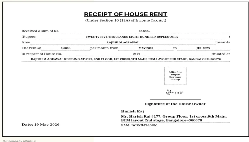 House rent receipt generated with with revenue stamp placement and signature