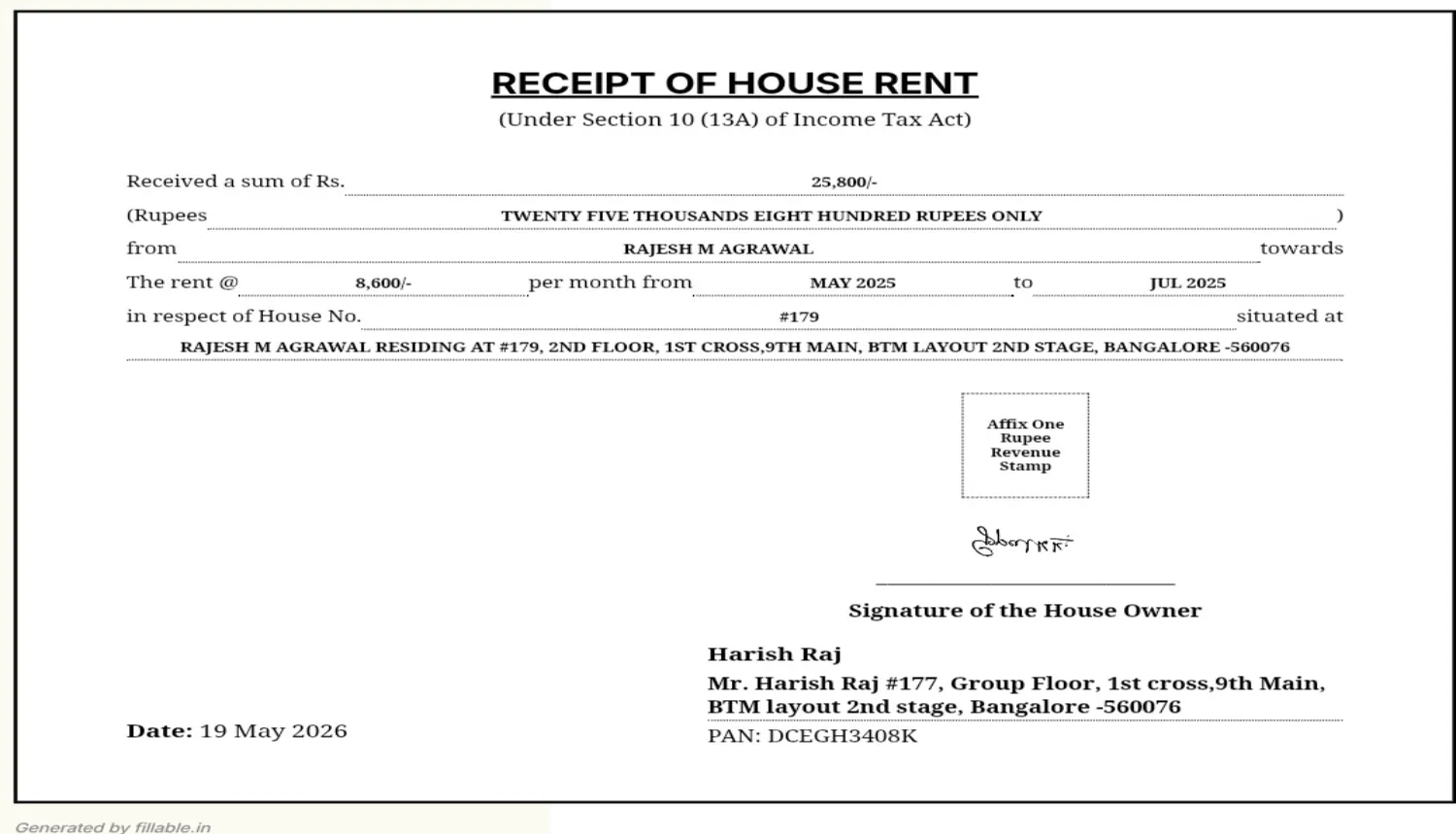 House rent receipt generated with with revenue stamp placement and signature